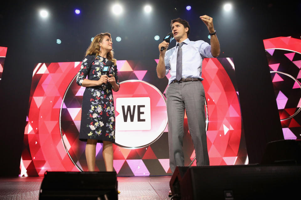 NEW YORK, NY - SEPTEMBER 20: Sophie Gregoire and Canadian Prime Minister Justin Trudeau speak on stage at the WE Day UN at The Theater at Madison Square Garden on September 20, 2017 in New York City. (Photo by Monica Schipper/Getty Images for We Day)