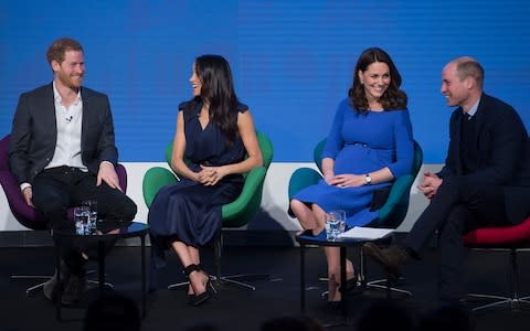 The Duke and Duchess of Sussex with the Duke and Duchess of Cambridge at a Royal Foundation Q&A in April - Credit: Eddie Mulholland For The Telegraph