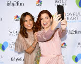 <p>Say cheese! Actresses Mariska Hargitay and Debra Messing couldn’t resist snapping a selfie at the Joyful Revolution Gala in NYC. (Photo: Dimitrios Kambouris/Getty Images for Joyful Heart Foundation) </p>