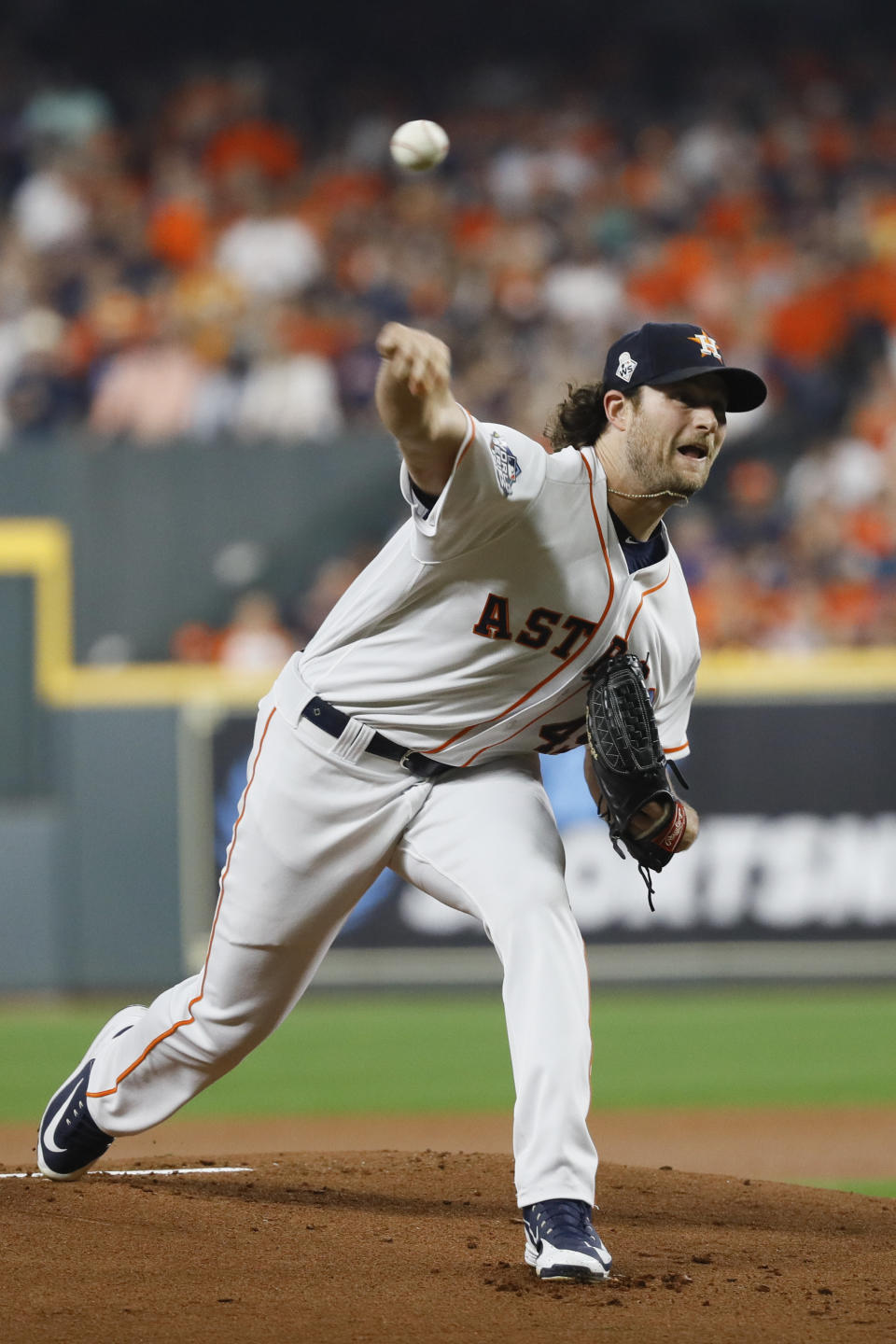 Houston Astros starting pitcher Gerrit Cole throws against the Washington Nationals during the first inning of Game 1 of the baseball World Series Tuesday, Oct. 22, 2019, in Houston. (AP Photo/Matt Slocum)