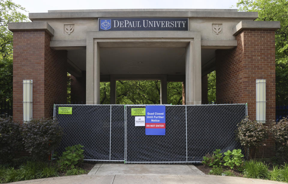 Chicago police have closed off the campus quad after dismantling a pro-Palestinian encampment at DePaul University in Chicago, Thursday, May 16, 2024. The encampment was taken down in the early morning, hours after the school's president told students to leave the area or face arrest. Students at many college campuses this spring set up similar encampments, calling for their schools to cut ties with Israel and businesses that support it, to protest lsrael's actions in the war with Hamas. (AP Photo/Teresa Crawford)