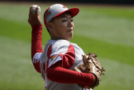 Japan's Taishi Kawaguchi delivers during the first inning of a baseball game against South Korea at the Little League World Series tournament in South Williamsport, Pa., Wednesday, Aug. 21, 2019. Japan won 7-2. (AP Photo/Gene J. Puskar)