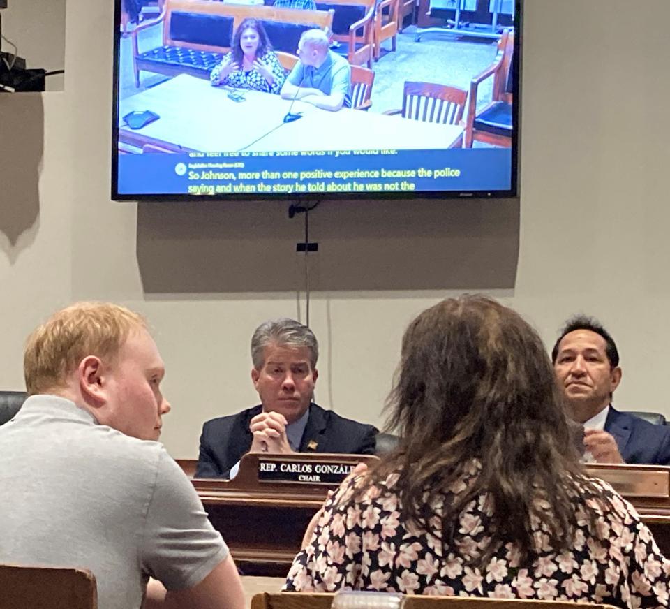 Jonathan Gardner and his mother, Nancy, testify before the Joint Committee on Public Safety and Homeland Security in support of requiring training for veteran police and corrections officers in interacting with people on the autism spectrum.