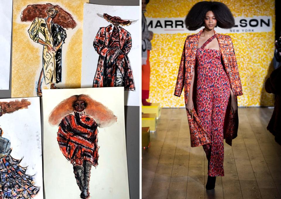A side-by-side collage of two images: one of Marrisa Wilson's sketches and another of a model wearing Wilson's red abstract-printed design down a runway.