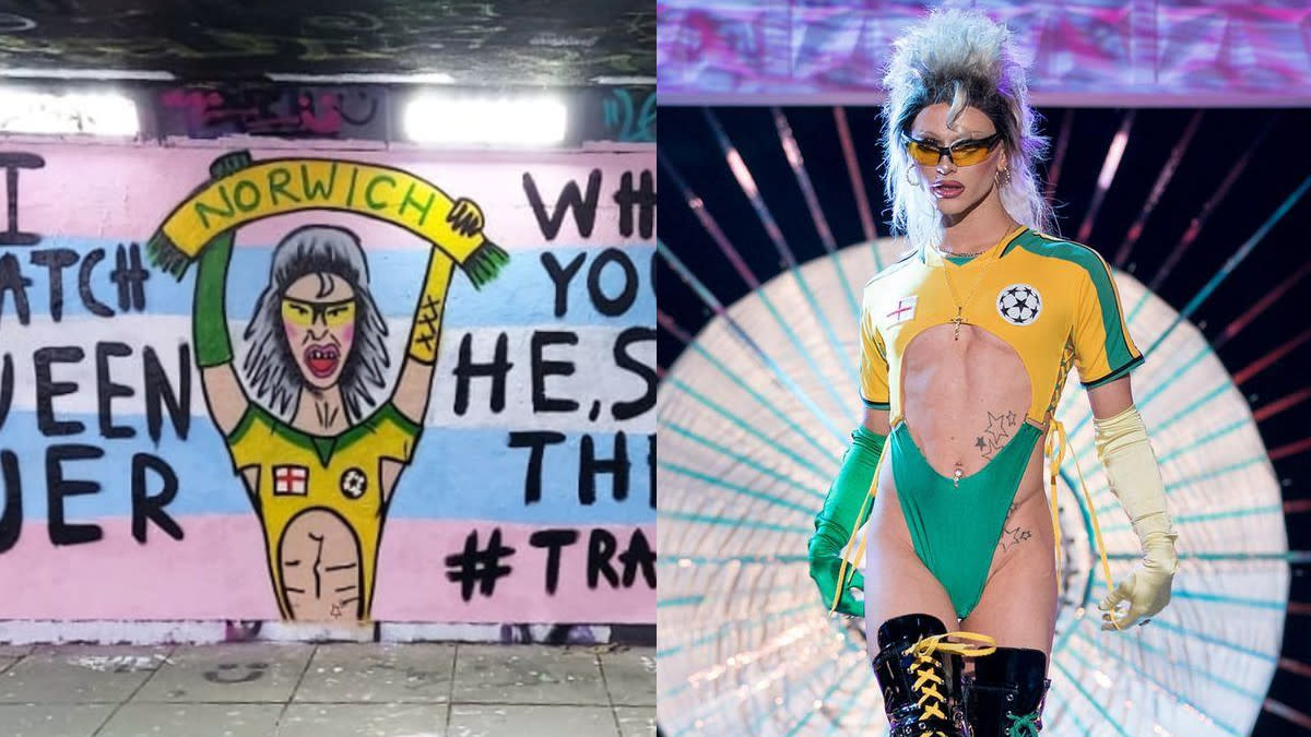 The mural pays tribute to Bimini Bon Boulash's Norwich-inspired 'Drag Race UK' runway look. (Credit: Instagram/Knapple/BBC)