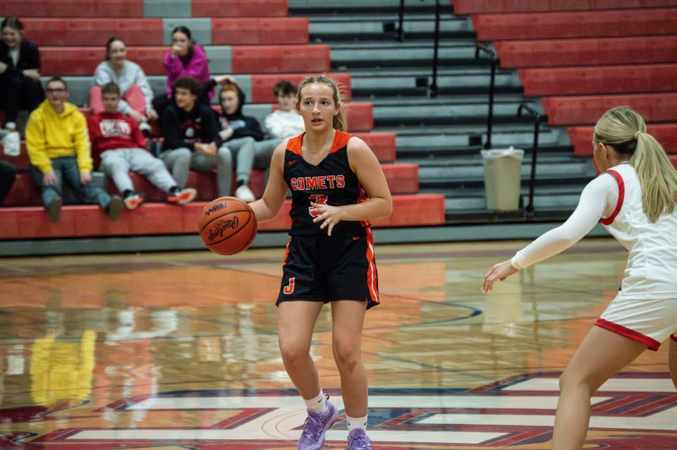 Junior Comet Haley Mach (3) led Jonesville with 14 points, including three triples, in the team's win over Hanover-Horton.