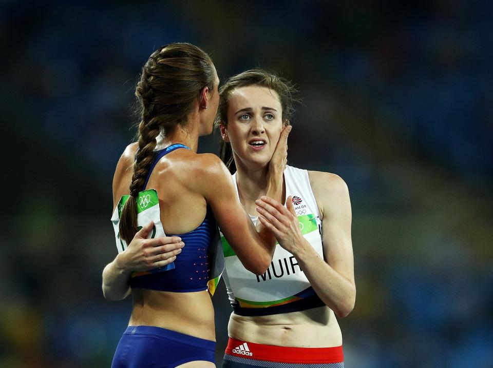 Muir is consoled by Jennifer Simpson after the 1500m at Rio 2016 (Getty Images)