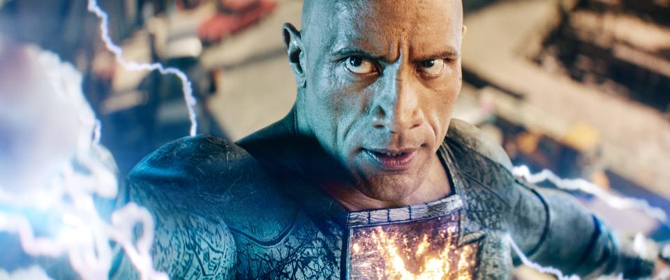 Dwayne Johnson's title antihero unleashes lightning on a foe in "Black Adam."