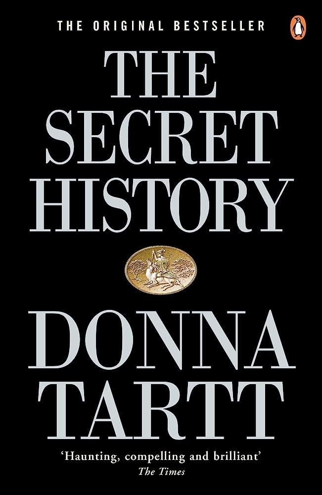 Cover of "The Secret History" by Donna Tartt, featuring title and author's name with a small central illustration