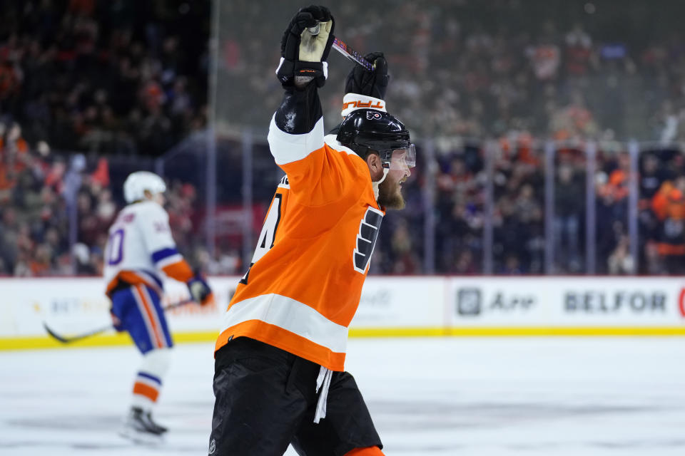 Philadelphia Flyers' Nicolas Deslauriers celebrates after scoring a goal during the second period of an NHL hockey game against the New York Islanders, Monday, Feb. 6, 2023, in Philadelphia. (AP Photo/Matt Slocum)