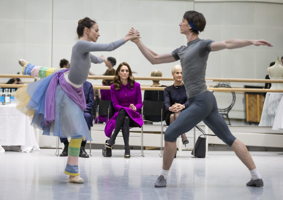 Just before she departed, Kate watched dancers rehearsing the romantic Ballet The Two Pigeons. Photo: Getty Images