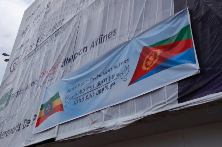 Welcome: A banner showing the Eritrean and Ethiopian flags at Addis Ababa's international airport