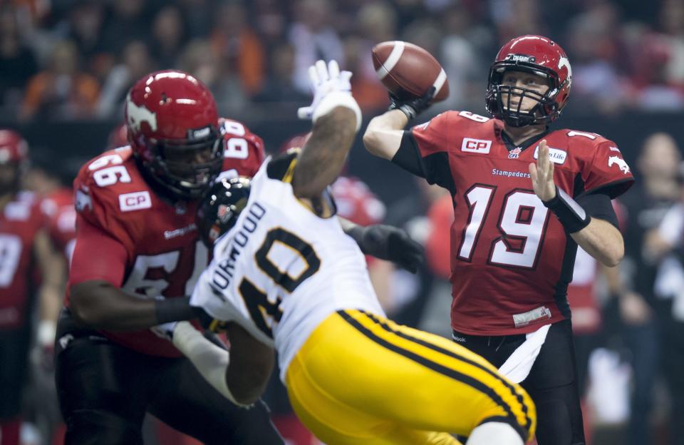 League all-star left tackle Stanley Bryant (68), who's signed with Winnipeg, has been one of the biggest free-agent acquisitions this offseason. (Paul Chiasson/The Canadian Press.)