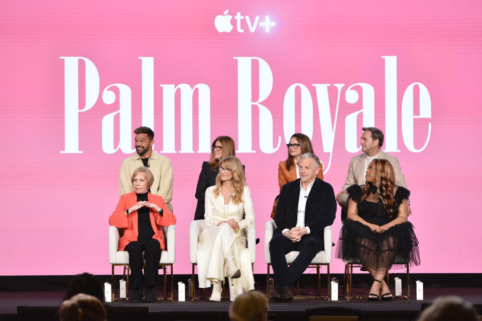 (L-R) Carol Burnett, Ricky Martin, Laura Dern, Katie O’Connell Marsh, Abe Sylvia, Jayme Lemons, Amber Chardae Robinson and Josh Lucas speak on stage at the Apple TV+ presentation of “Palm Royale” during the 2024 TCA Winter Press Tour