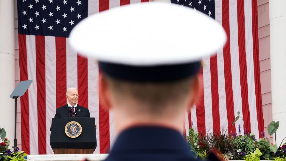 President Joe Biden speaks during the National Memorial Day Wreath-Laying and Observance Ceremony at Arlington National Cemetery, in Washington, DC, on May 27. - Ken Cedeno/Reuters