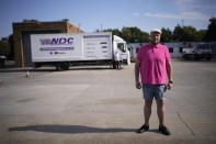 Learner truck driver Stephen Thrower poses for a portrait at the National Driving Centre in Croydon, south London, Wednesday, Sept. 22, 2021. Britain doesn't have enough truck drivers. The shortage is contributing to scarcity of everything from McDonald's milkshakes to supermarket produce. (AP Photo/Matt Dunham)