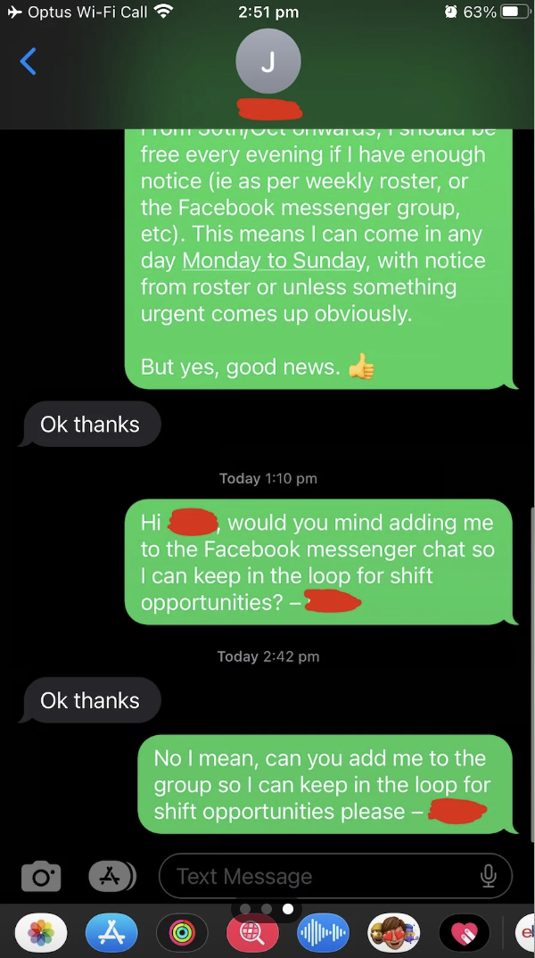 A series of text messages discussing joining a Facebook messenger chat for shift opportunities. The conversations span multiple days with responses of "Ok thanks."
