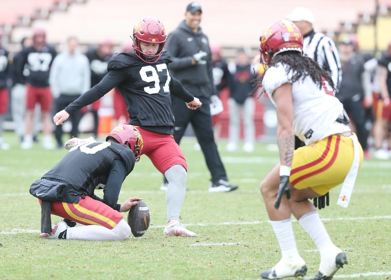 Kyle Konrardy kicks a field goal during the Cyclones' spring football scrimmage on April 20 at Jack Trice Stadium.