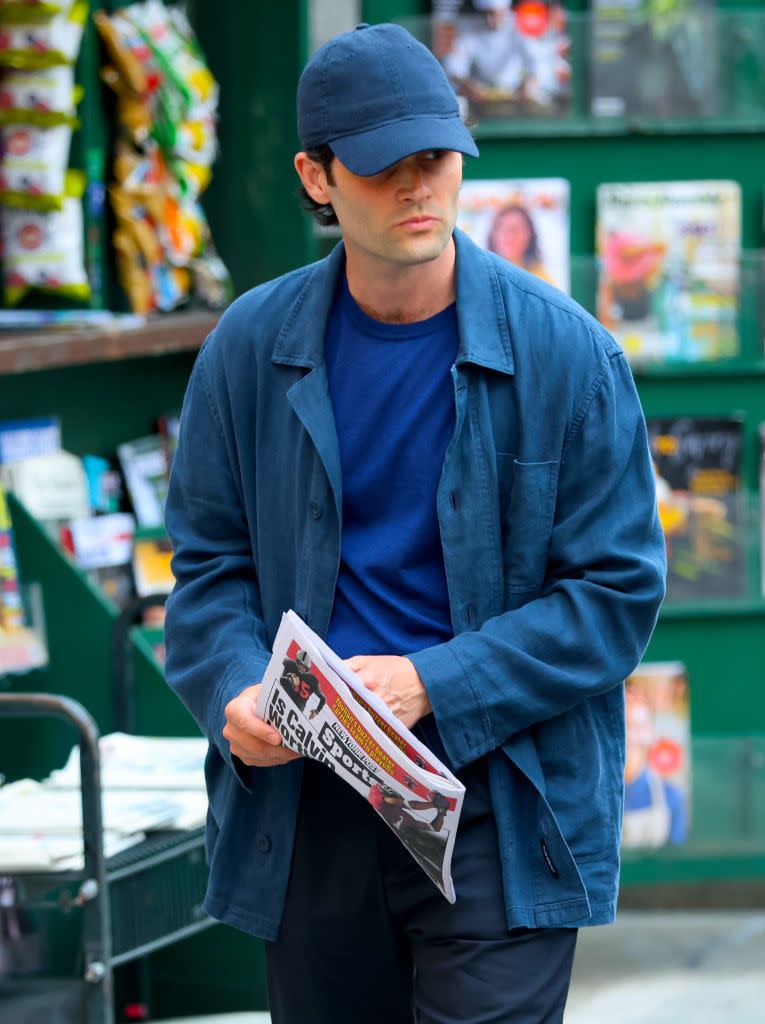 Penn Badgley as Joe Goldberg on set in Central Park