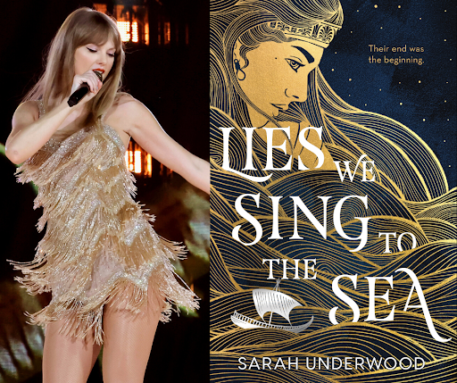 Taylor's "Fearless" era look is golden, and so is "Lies We Sing to the Sea" by Sarah Underwood.