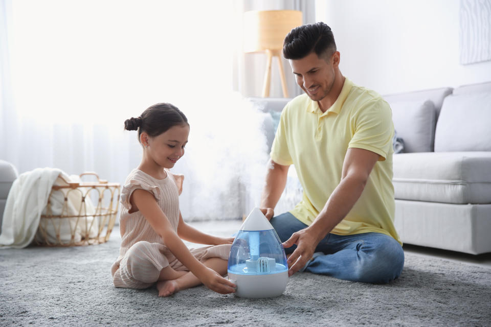 Father and daughter near modern air humidifier at home