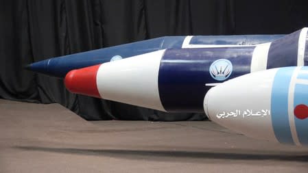 Missiles are seen on display at an exhibition at an unidentified location in Yemen in this undated handout photo released by the Houthi Media Office