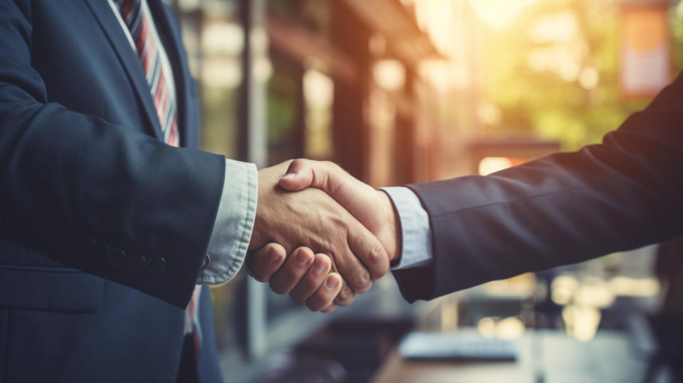 An banker in a suit shaking hands with a small business owner.