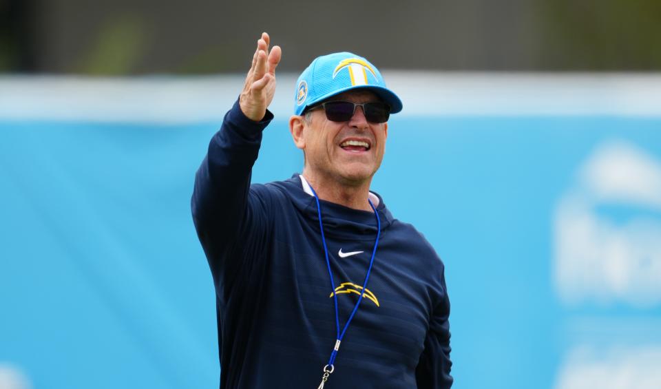 Los Angeles Chargers coach Jim Harbaugh reacts during organized team activities at the Hoag Performance Center. Mandatory Credit: Kirby Lee-USA TODAY Sports