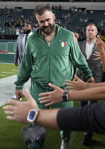 <p>AP Photo/Matt Rourke</p> Jason Kelce greeting fans at the game in Philadelphia on Sept. 16