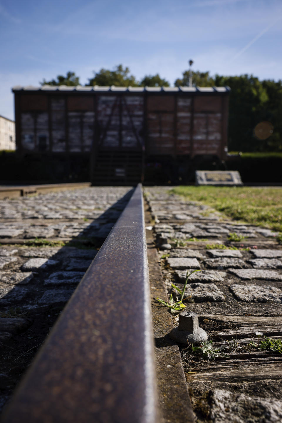 A train car symbolizing the Drancy camp, at the Shoah memorial is photographed Tuesday, July 12, 2022 in Drancy, outside Paris. The Paris mayor and head of the French Holocaust Memorial will mark the 80th anniversary of the round-up of the Vel d'Hiv, the biggest Nazi roundup of Jews in France, visiting the site used as an internment camp during World War II for tens of thousands of people who were then sent on to Auschwitz and other death camps. (AP Photo/Thomas Padilla)