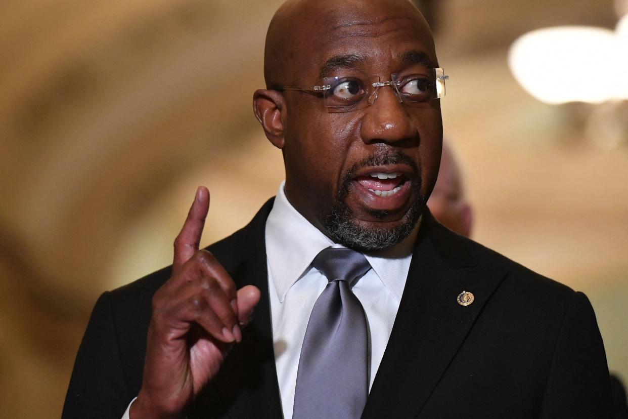 US Democratic Senator Raphael Warnock speaks during a press conference following the Democrats Policy Luncheon at the US Capitol building on November 2, 2021 in Washington, DC.