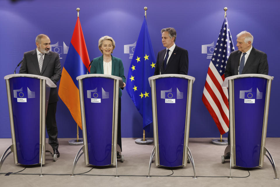 FILE From left, Armenian Prime Minister Nikol Pashinyan, European Commission President Ursula von der Leyen, United States Secretary of State Antony Blinken and EU High Representative Josep Borrell address the media after a joint EU-US-Armenia high-level meeting in support of Armenia's resilience at EU headquarters in Brussels, Friday, April 4, 2024. The leader of Armenia has declared his intention to pull out of a Russia-dominated security alliance of several ex-Soviet nations as tensions rise between the two allies. (Johanna Geron, Pool Photo via AP, File)