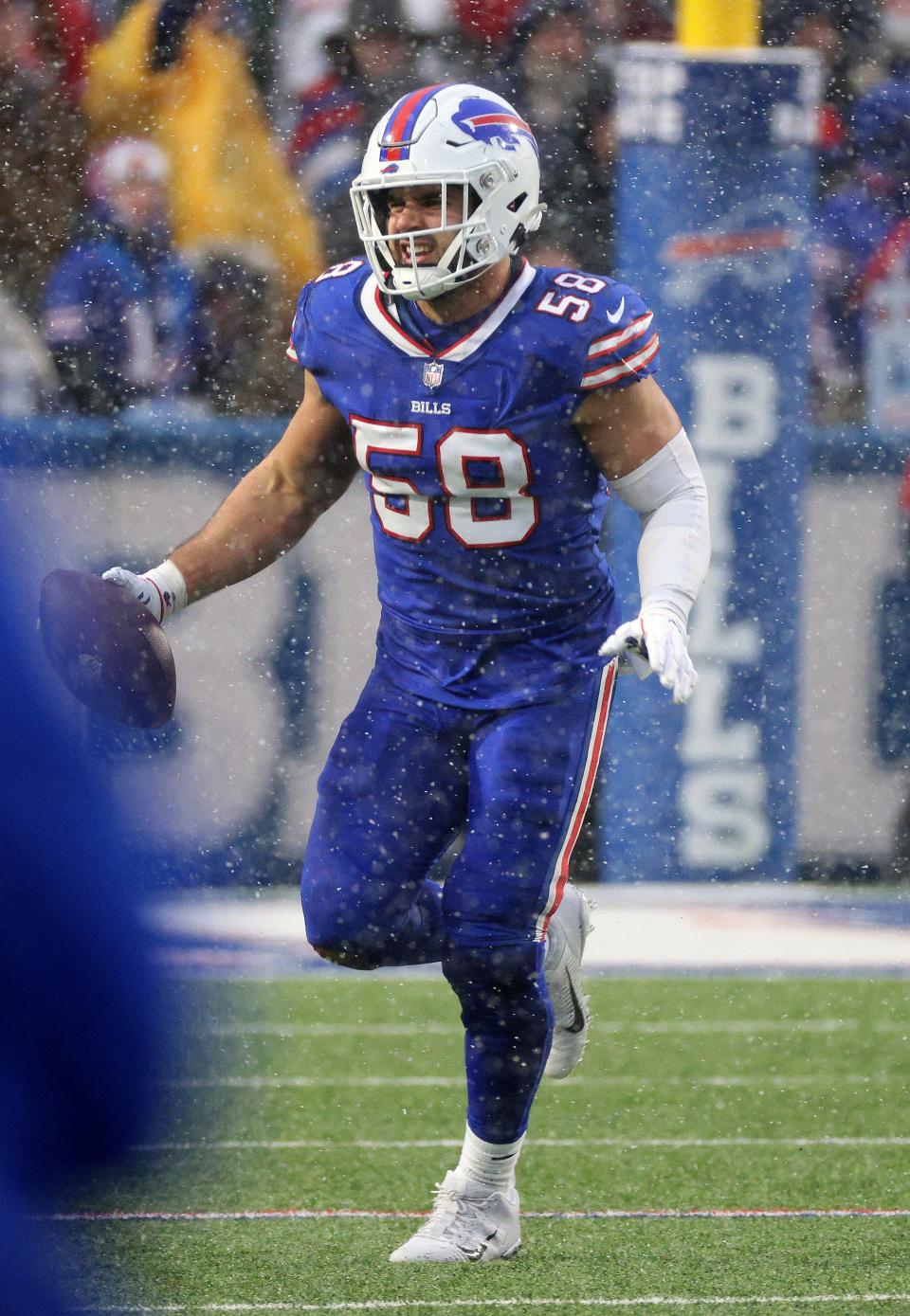 Bills Matt Milano after recovering a fumble against the Jets. 