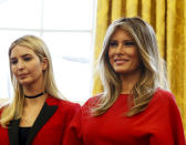 First Lady Melania Trump (R), and first daughter Ivanka Trump (L) look while U.S. President Donald Trump speaks before signing the H.R. 321 and H.R. 255 executive orders, to increase women's participation in STEM fields through programs at NASA and the National Science Foundation, in the Ovale Office of the White House, Washington, DC, February 28, 2017. *** Please Use Credit from Credit Field ***