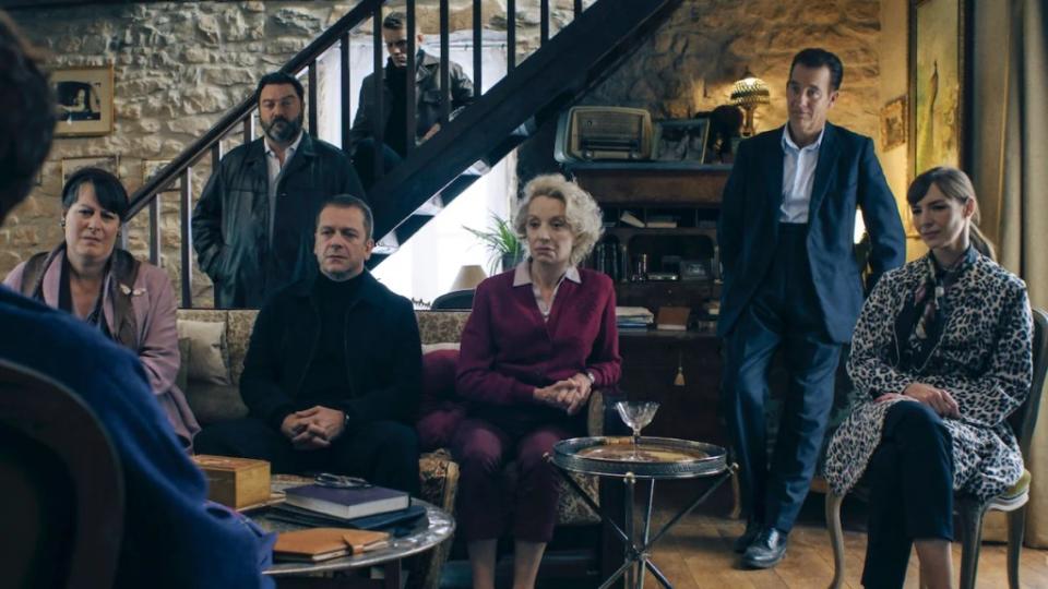 Pictured: Clive Owen, Jonathan Zaccaï, Caroline Silhol, Rebecca Root, Oscar Lesage, Denis Ménochet and Louise Bourgoin, in “Monsieur Spade.” (CREDIT: AMC)