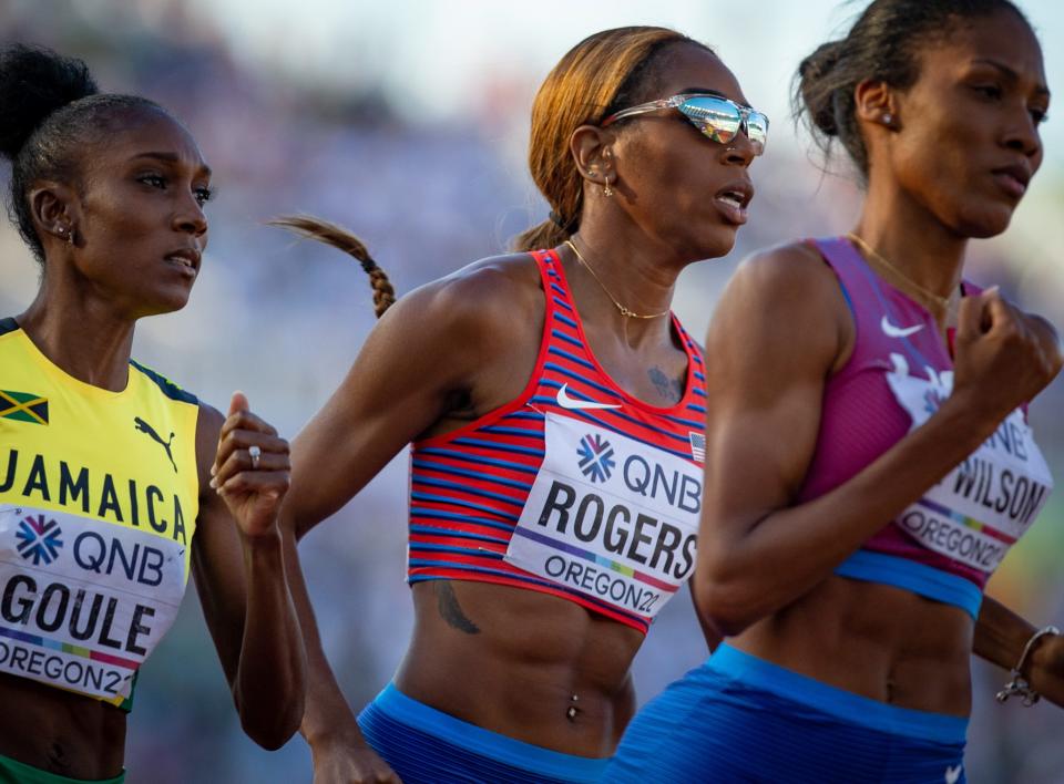 Team USA’s Raevyn Rogers competes in the women’s 5,000 meters at the World Athletics Championships on Sunday at Hayward Field in Eugene.