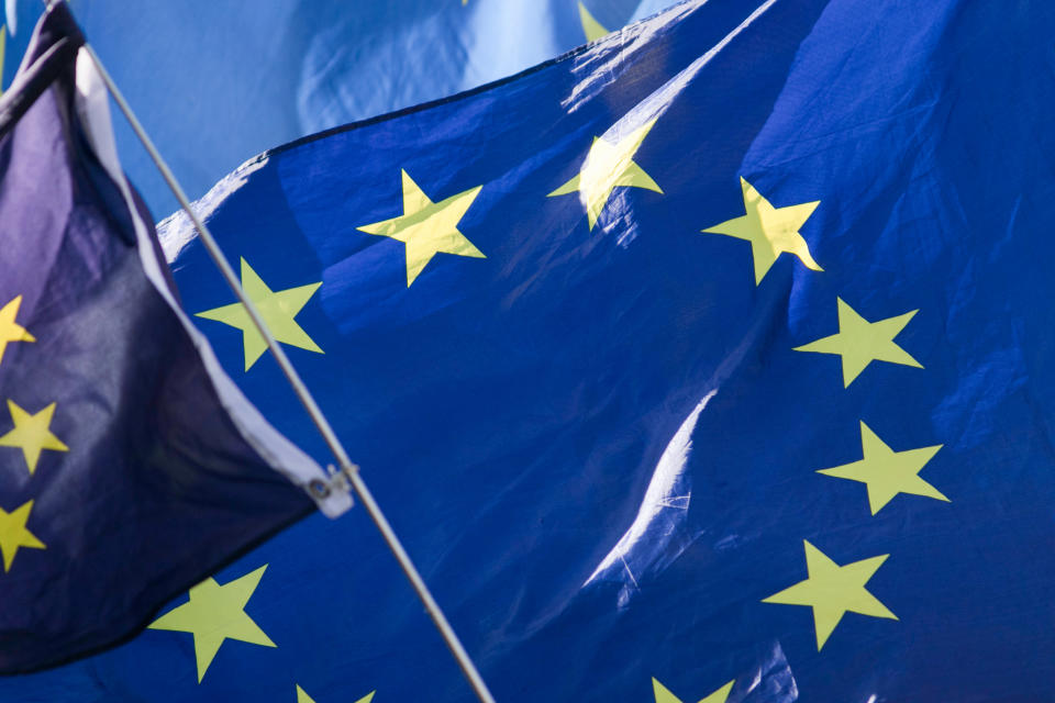 Protesters from Pro Europe (SODEM) Stand of Defiance European Movement with European Union flags outside Parliament. Photo: Amer Ghazzal / Barcroft Media via Getty Images