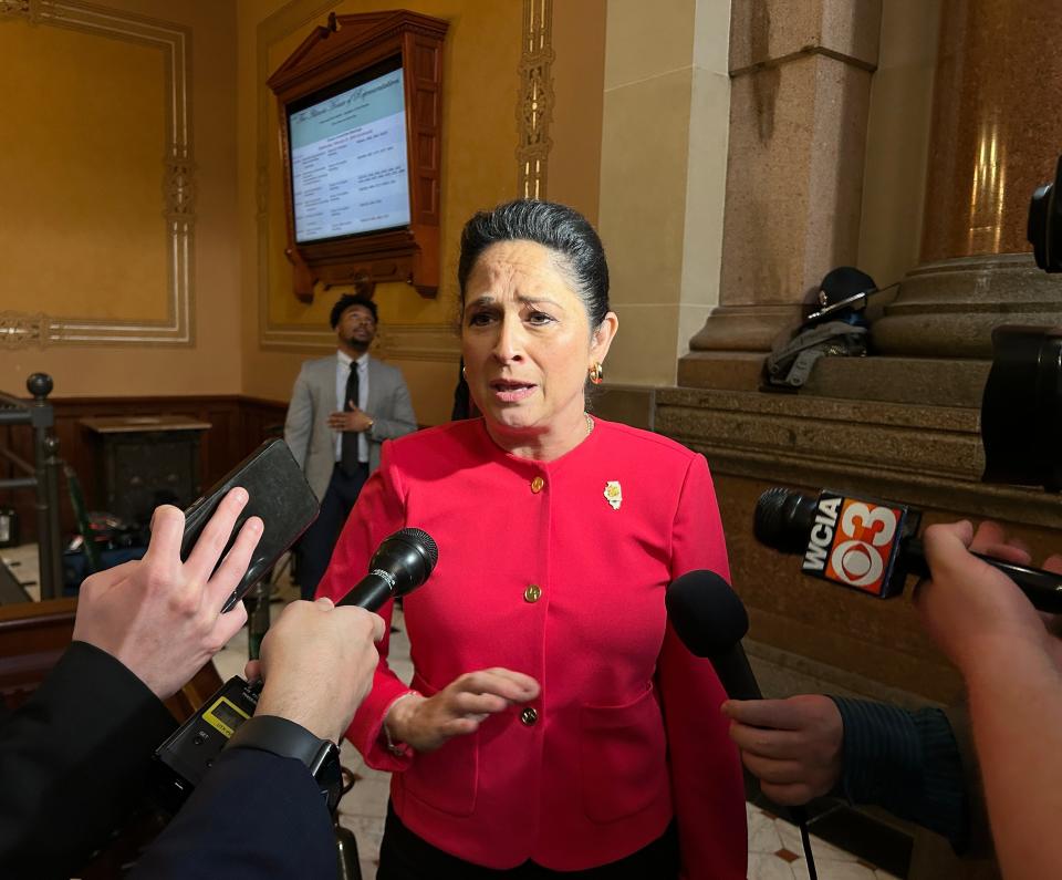 Comptroller Susana Mendoza fielded questions from reporters following Gov. JB Pritzker's budget address at the state Capitol on Wednesday, Feb. 21, 2024.