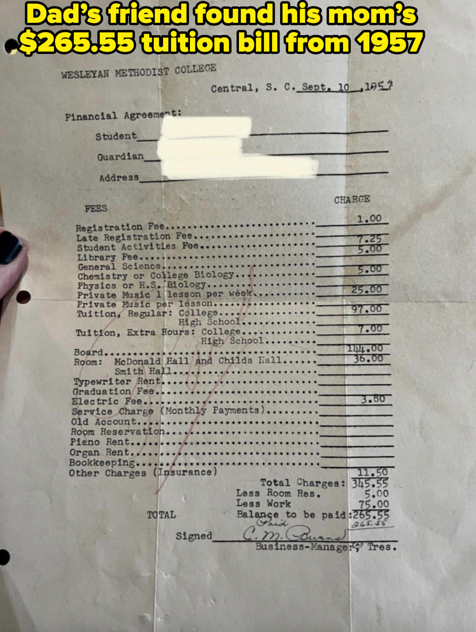 Financial agreement from Wesleyan Methodist College dated Sept. 10, 1957, listing various fees, total amount due, and a signature of the Business-Manager, Tressie