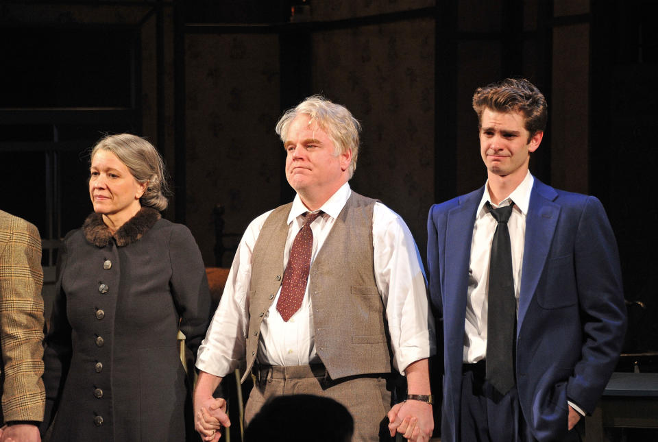 NEW YORK, NY - MARCH 15: (L-R) Actors Linda Emond, Philip Seymour Hoffman, and Andrew Garfield take a curtain call at the Broadway opening night of "Death Of A Salesman" at the Barrymore Theatre on March 15, 2012 in New York City. (Photo by Mike Coppola/Getty Images)