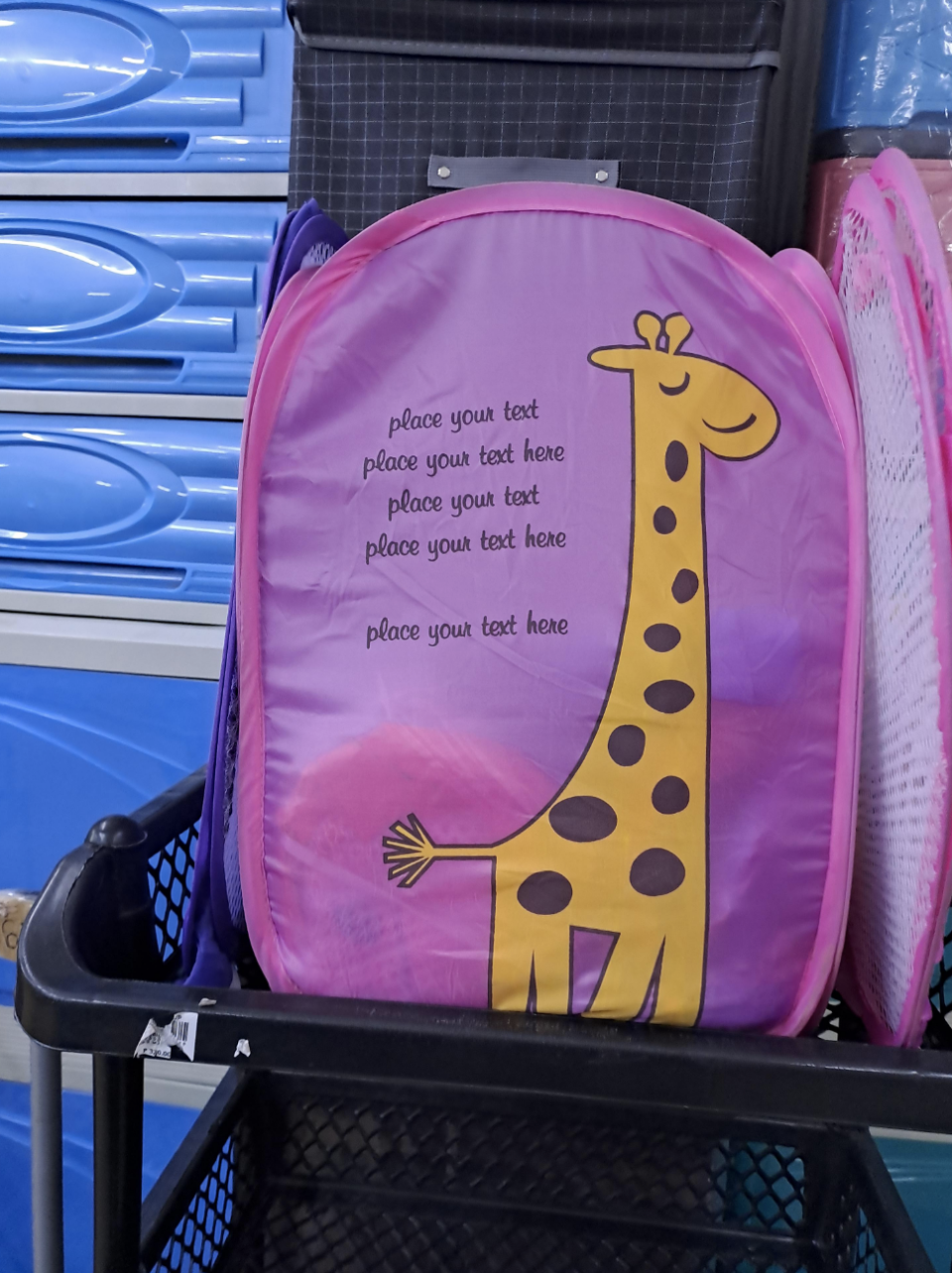 Kids backpack that reads, "Place your text here"