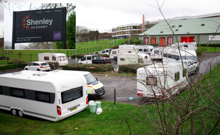 The travellers had parked a dozen caravans on the grounds of the Shenley Academy in Birmingham