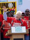 UAW president Dennis Williams calls for auto workers to demand their rights during a speech before thousands gathered at a pro-union rally near Nissan Motor Co.'s Canton, Miss., plant, Saturday, March 4, 2017. Participants marched to the plant to deliver a letter to the company demanding the right to vote on union representation to address better wages, safe working conditions and job security. (AP Photo/Rogelio V. Solis)