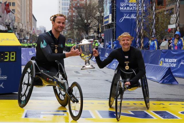 BOSTON, MA - APRIL 17: Sara Hall of the United States approaches the finish  line of the 127th Boston Marathon on April 17, 2023 on Boylston Street in  Boston, MA. (Photo by