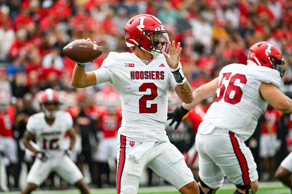 Sep 30, 2023; College Park, Maryland, USA; Indiana Hoosiers quarterback Tayven Jackson (2) throws from the pocket during the first half against the Maryland Terrapins at SECU Stadium. Mandatory Credit: Tommy Gilligan-USA TODAY Sports