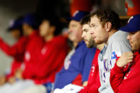 DETROIT, MI - OCTOBER 13: Josh Hamilton #32 of the Texas Rangers sits in the dugout during Game Five of the American League Championship Series against the Detroit Tigers at Comerica Park on October 13, 2011 in Detroit, Michigan. (Photo by Leon Halip/Getty Images)