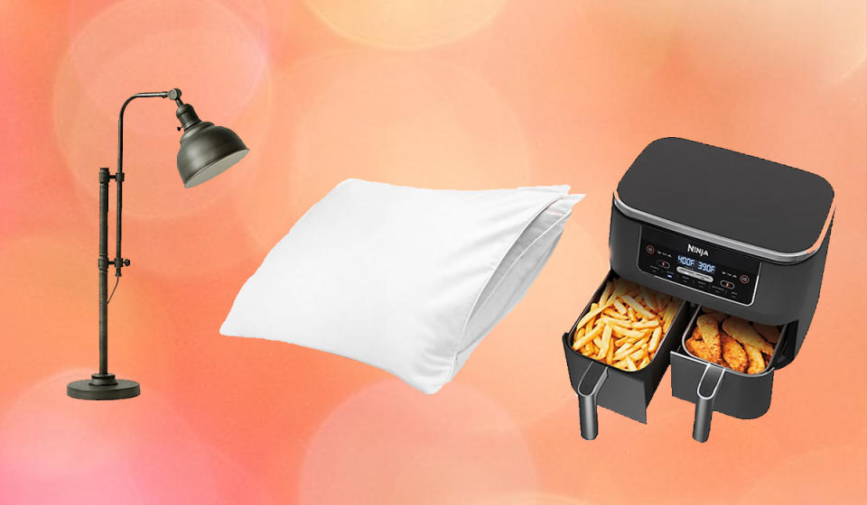 task lamp, pillow, and dual-basket air fryer