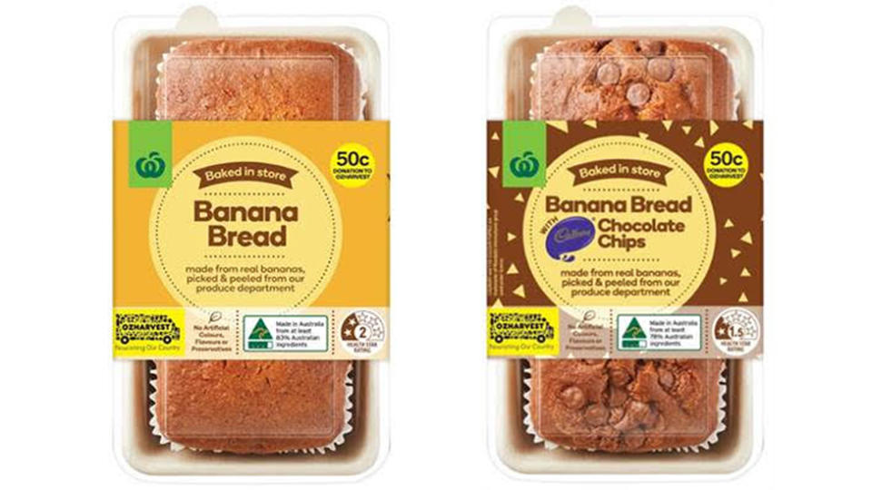 Woolworths OzHarvest Banana Bread in traditional and chocolate chip