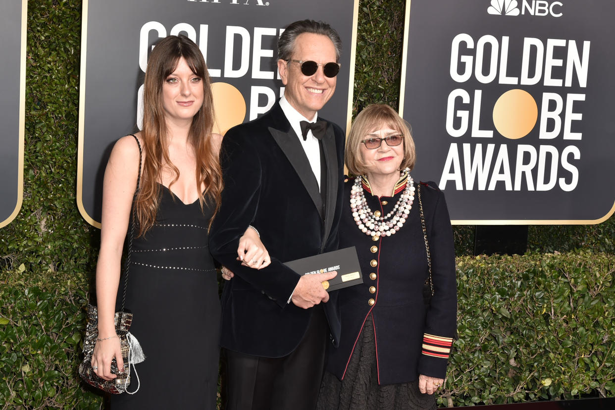 BEVERLY HILLS, CALIFORNIA - JANUARY 06: (L-R) Olivia Grant, Richard E. Grant and Joan Washington attend the 76th Annual Golden Globe Awards at The Beverly Hilton Hotel on January 06, 2019 in Beverly Hills, California. (Photo by David Crotty/Patrick McMullan via Getty Images)