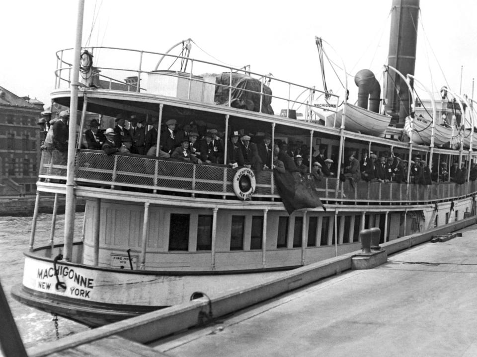 Immigrants arriving at Ellis Island aboard the 'Machigonne,' New York, New York, August 21, 1923.